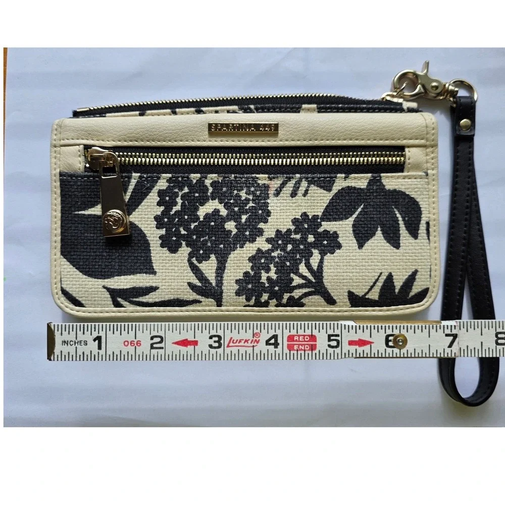 Spartina 449 Floral Wristlet Wallet Black Cream Linen Leather Turquoise Interior